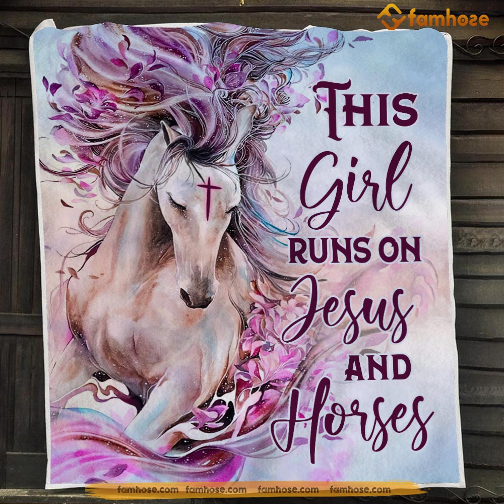 Cute Horse Blanket, This Girl Runs On Jesus And Horses Fleece Blanket - Sherpa Blanket Gift For Horse Lover