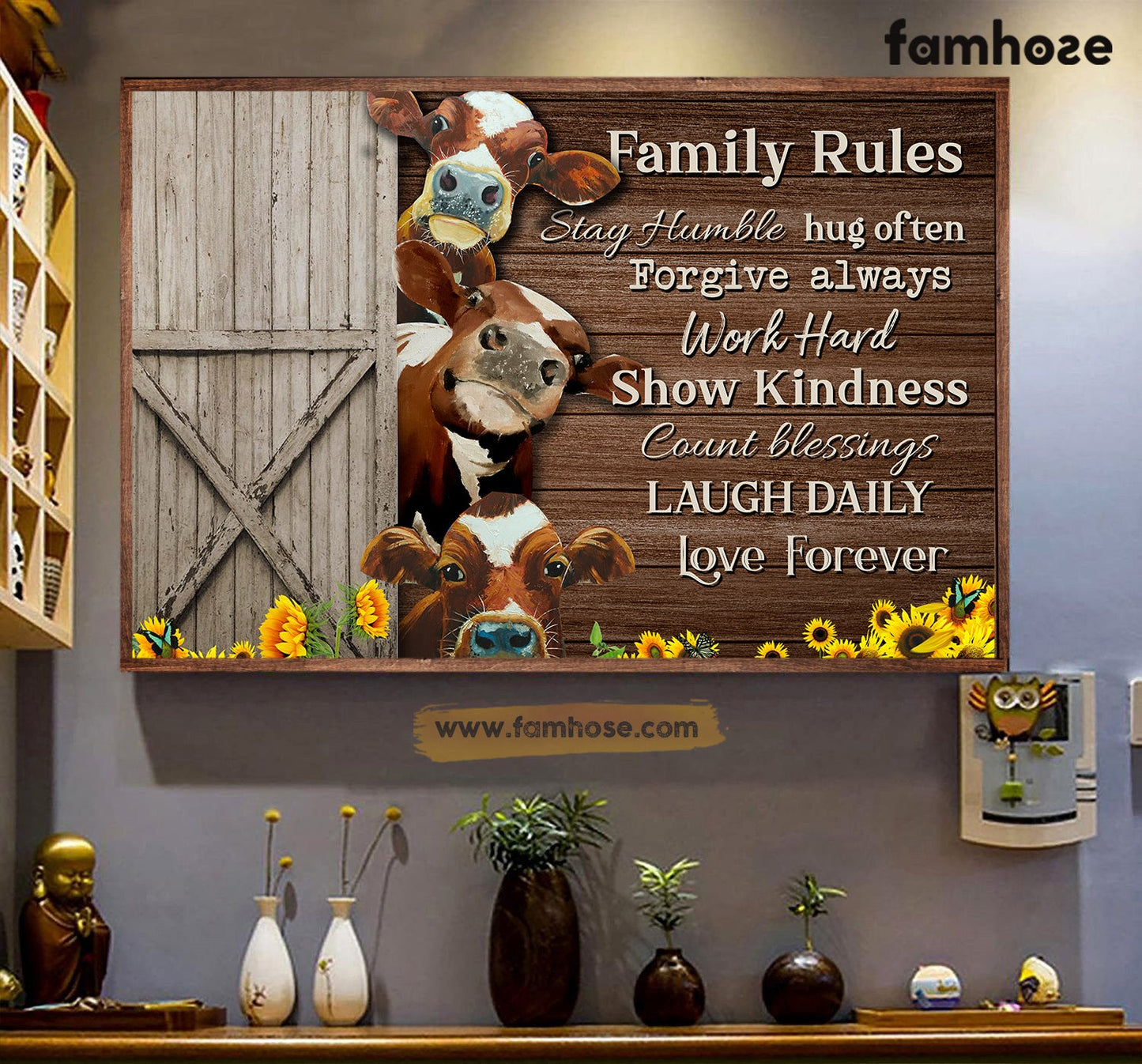 Cow Poster/Canvas, Family Rules Stay Humble Work Hard Show Kindness, Poster Gift For Cow Lovers