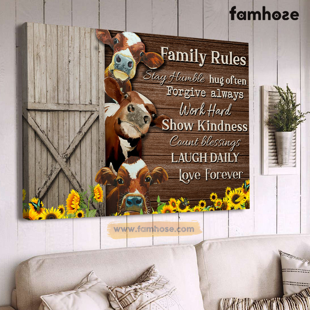 Cow Poster/Canvas, Family Rules Stay Humble Work Hard Show Kindness, Poster Gift For Cow Lovers