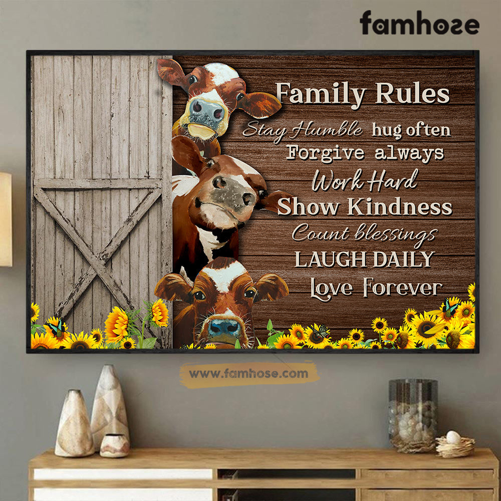 Cow Poster/Canvas, Family Rules Stay Humble Work Hard Show Kindness, Poster Gift For Cow Lovers