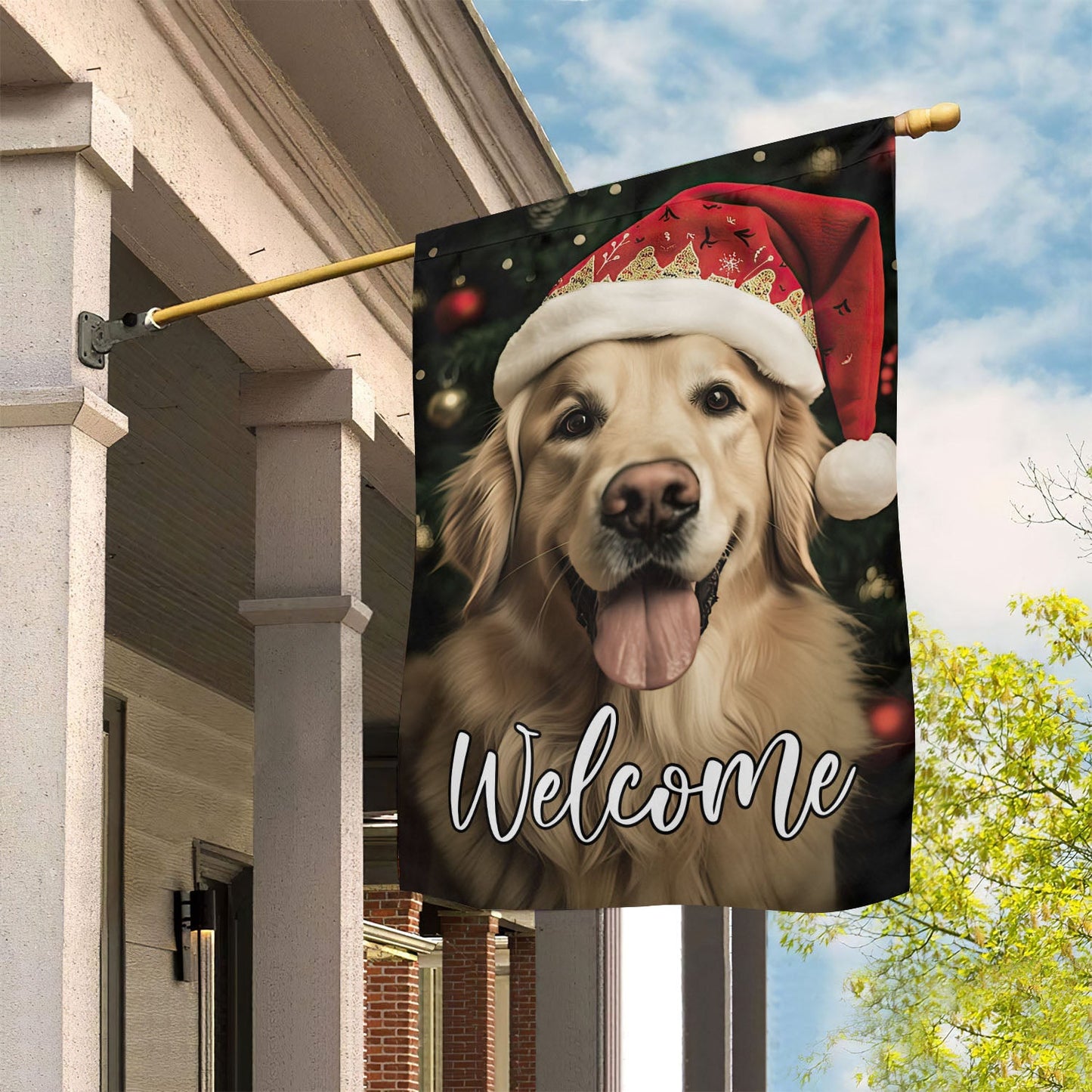 Welcome Golden Retriever Dog Wearing Hat, Golden Retriever Xmas Garden Flag & House Flag, Christmas Flag Gift For Golden Retriever Dog Lovers