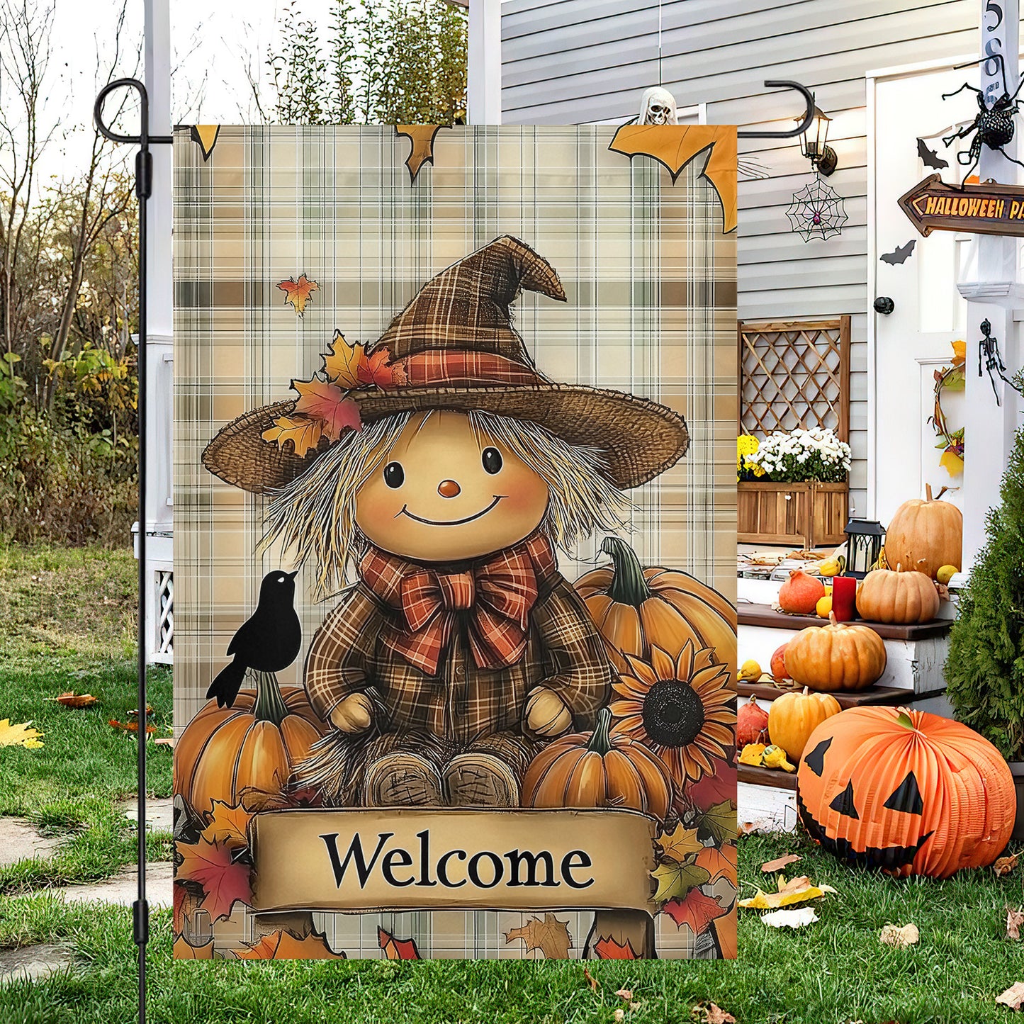 Charming Scarecrow And Pumpkin Halloween Garden Flag & House Flag, Halloween Outdoor Decor, Spooky Yard Decor Gift