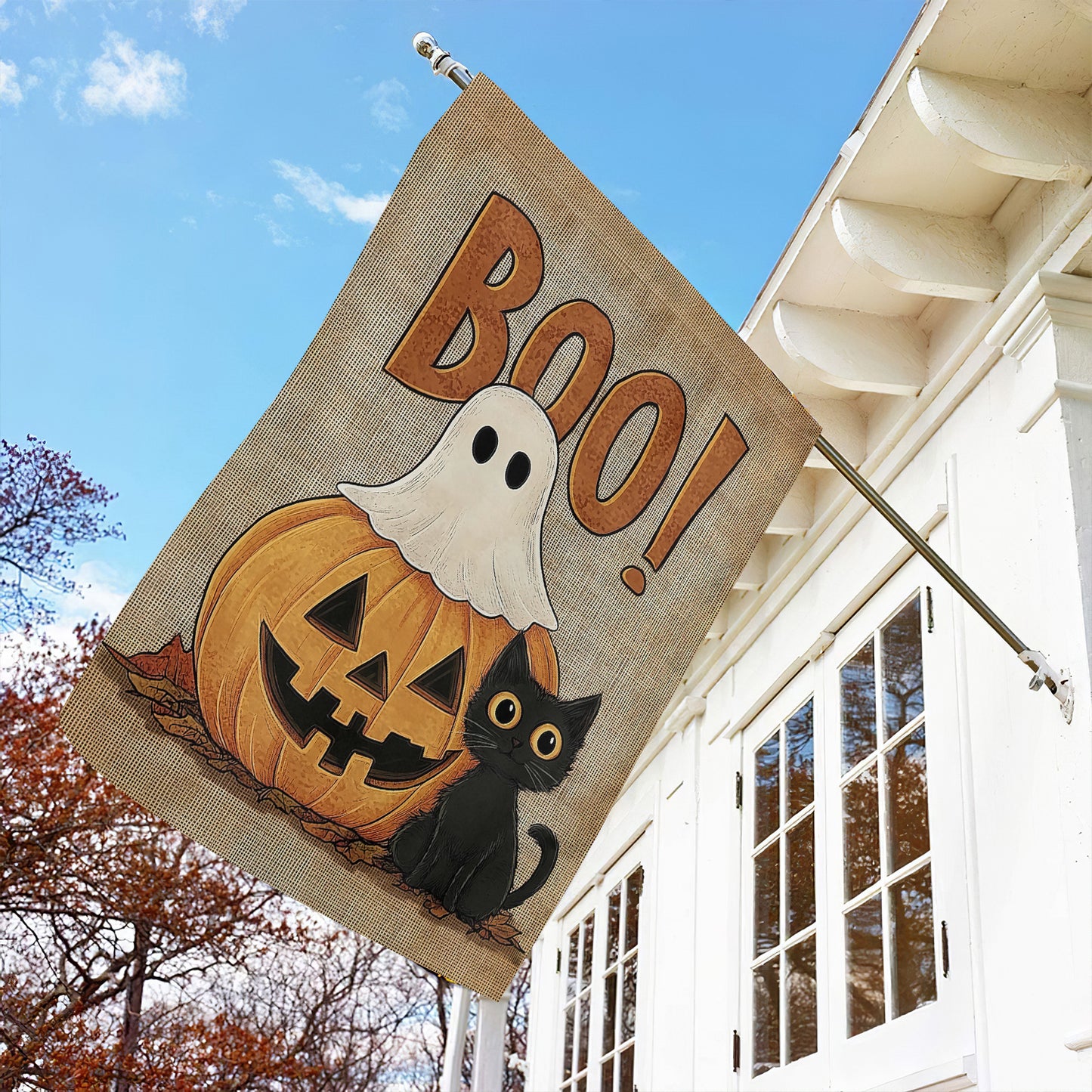 Halloween Garden Flag & House Flag, Cat Pumpkin And Ghost Boo Halloween Outdoor Decor, Spooky Yard Decor Gift