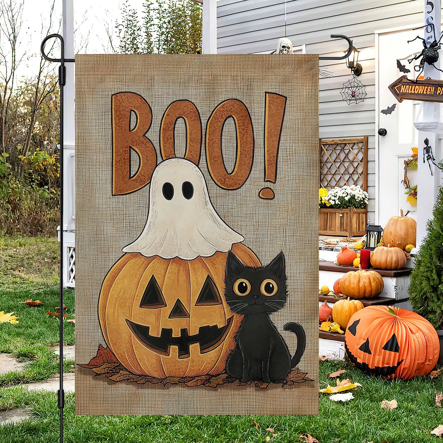 Halloween Garden Flag & House Flag, Cat Pumpkin And Ghost Boo Halloween Outdoor Decor, Spooky Yard Decor Gift