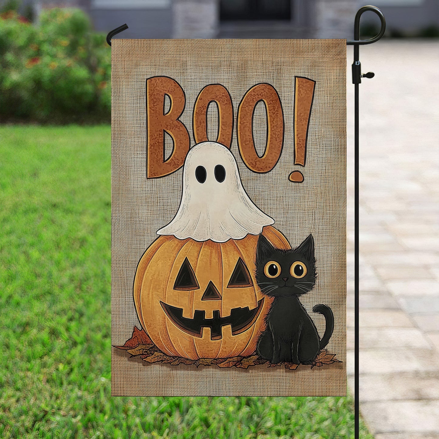 Halloween Garden Flag & House Flag, Cat Pumpkin And Ghost Boo Halloween Outdoor Decor, Spooky Yard Decor Gift