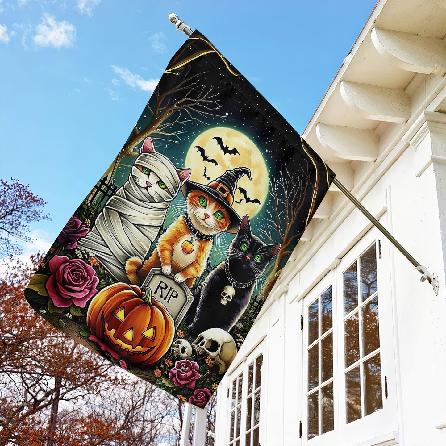 Interesting Cat Garden Flag, House Flag, Trio of Halloween Cats Yard Flag Gift For Cat Lovers