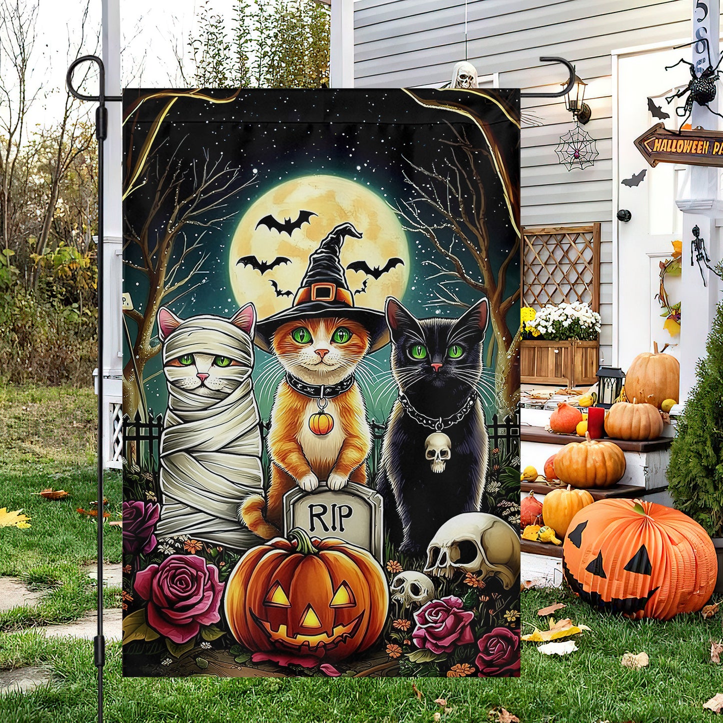 Interesting Cat Garden Flag, House Flag, Trio of Halloween Cats Yard Flag Gift For Cat Lovers