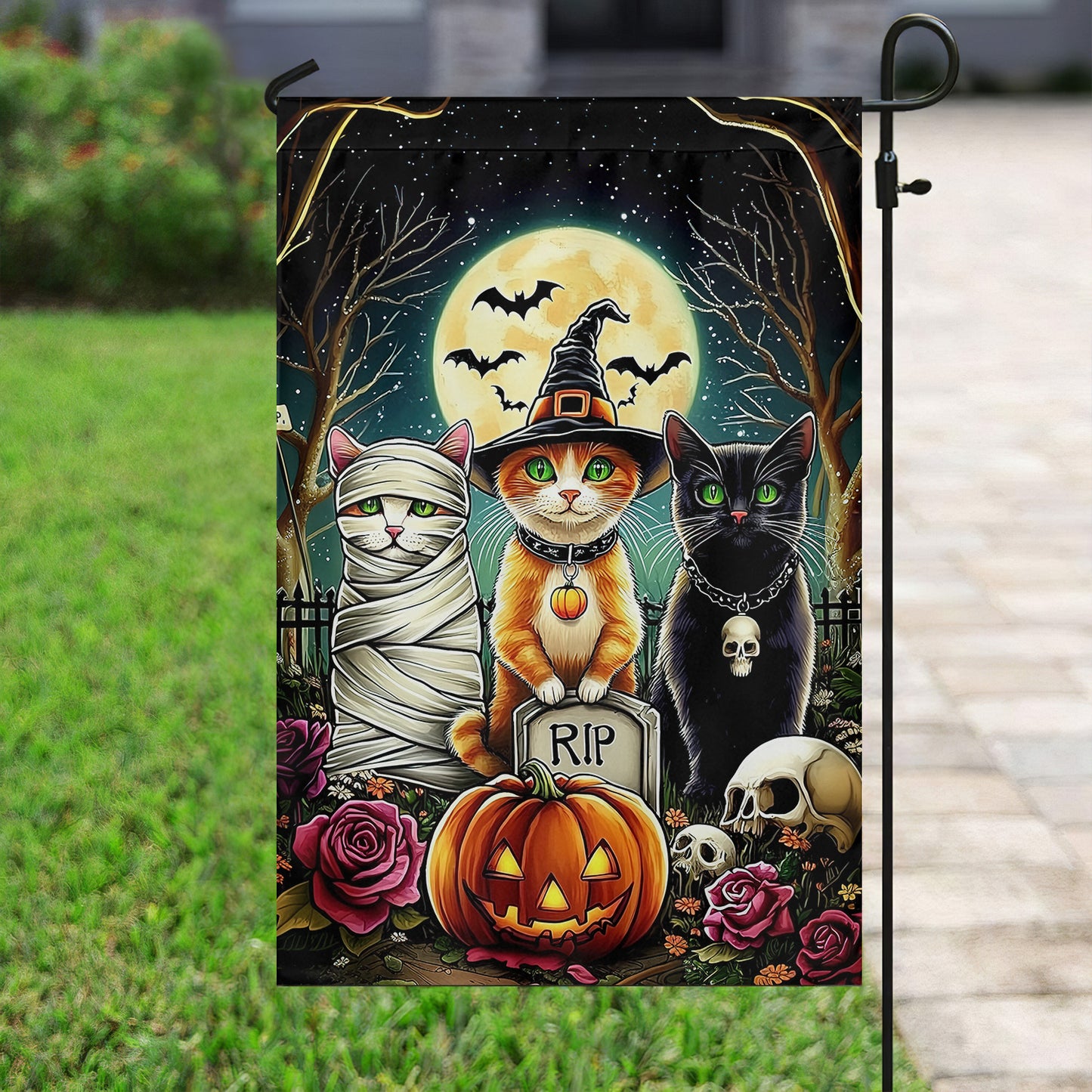 Interesting Cat Garden Flag, House Flag, Trio of Halloween Cats Yard Flag Gift For Cat Lovers