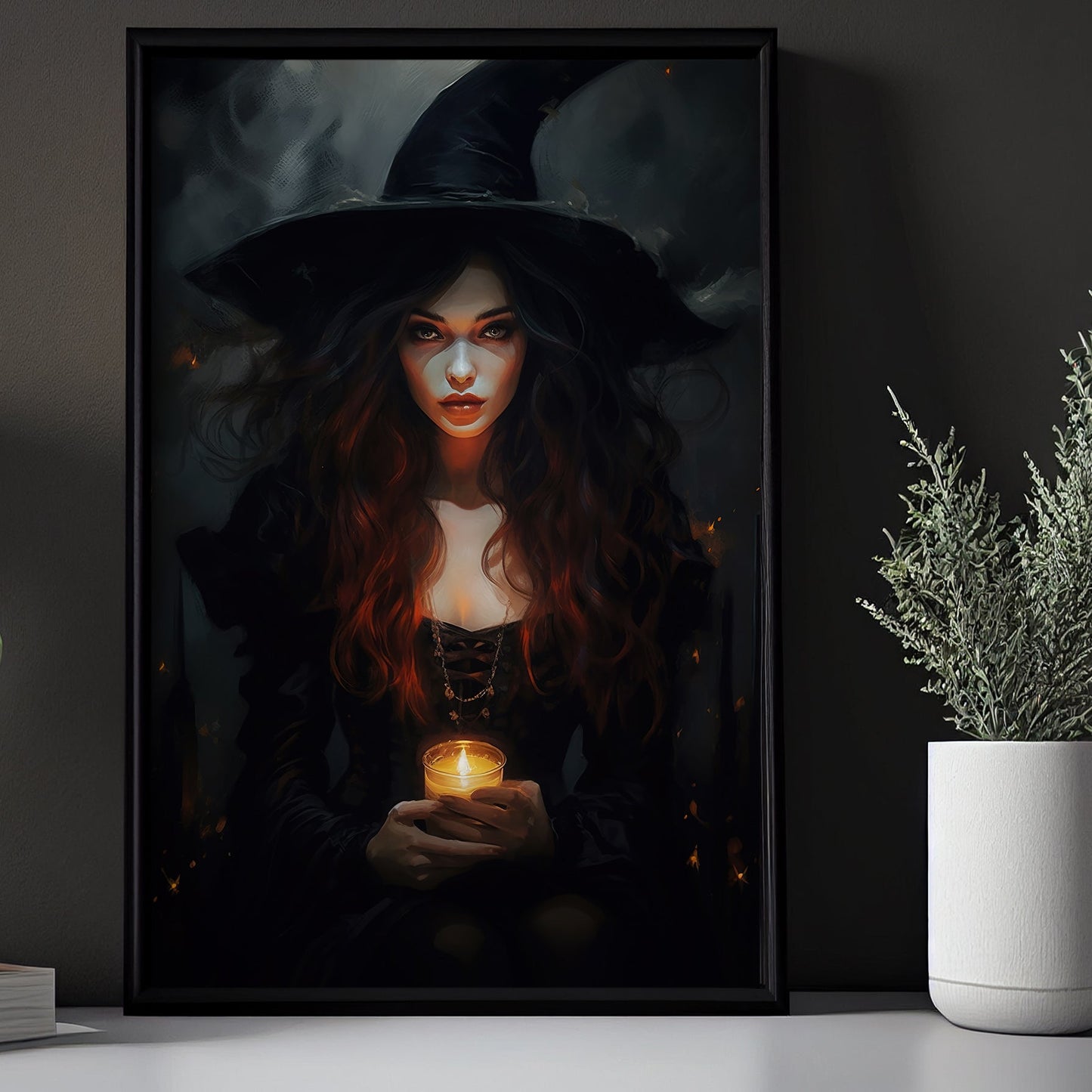 Young Witch Hold The Candle Mythical Canvas Art Print - Dark Surreal Witch Halloween Wall Decor