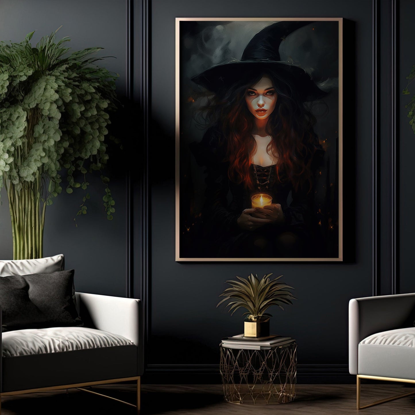 Young Witch Hold The Candle Mythical Canvas Art Print - Dark Surreal Witch Halloween Wall Decor