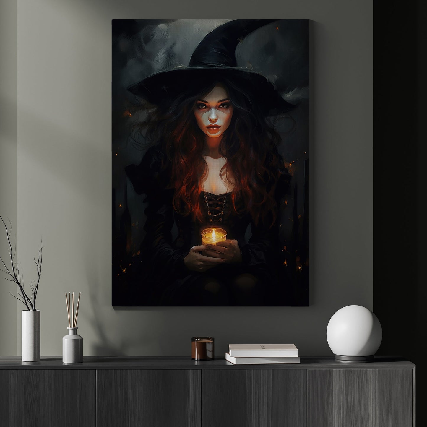 Young Witch Hold The Candle Mythical Canvas Art Print - Dark Surreal Witch Halloween Wall Decor