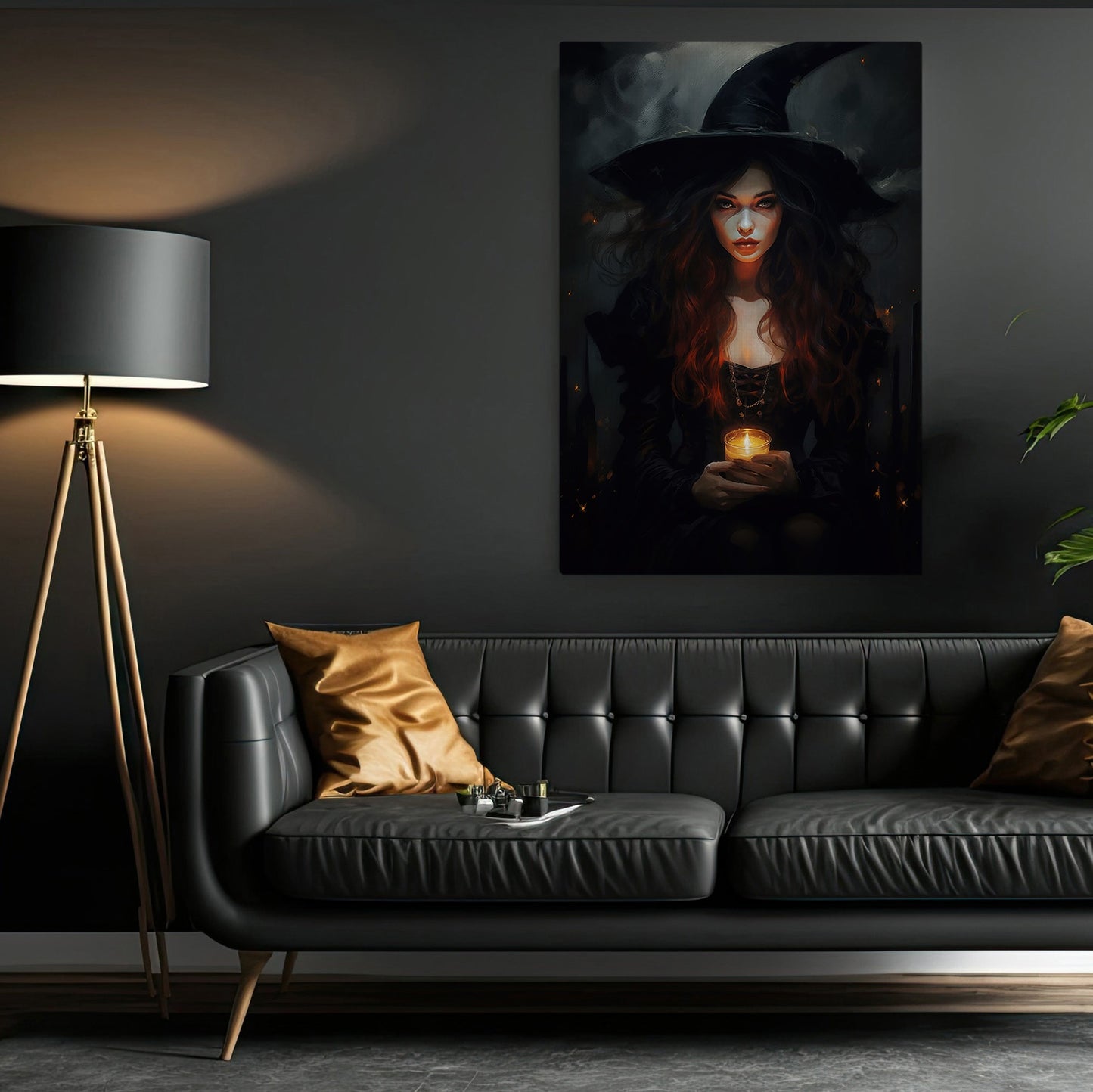 Young Witch Hold The Candle Mythical Canvas Art Print - Dark Surreal Witch Halloween Wall Decor