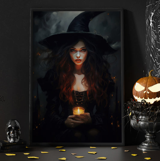 Young Witch Hold The Candle Mythical Canvas Art Print - Dark Surreal Witch Halloween Wall Decor