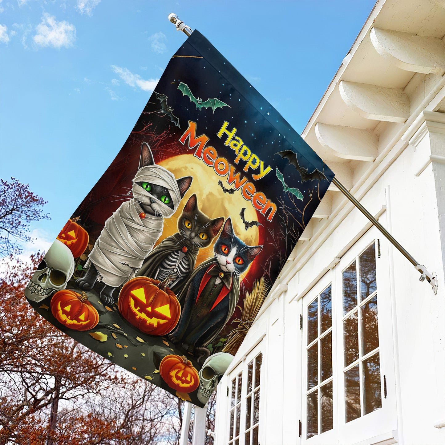 Funny Happy Meoween Garden Flag, House Flag, Halloween Yard Flag Gift For Cat Lovers