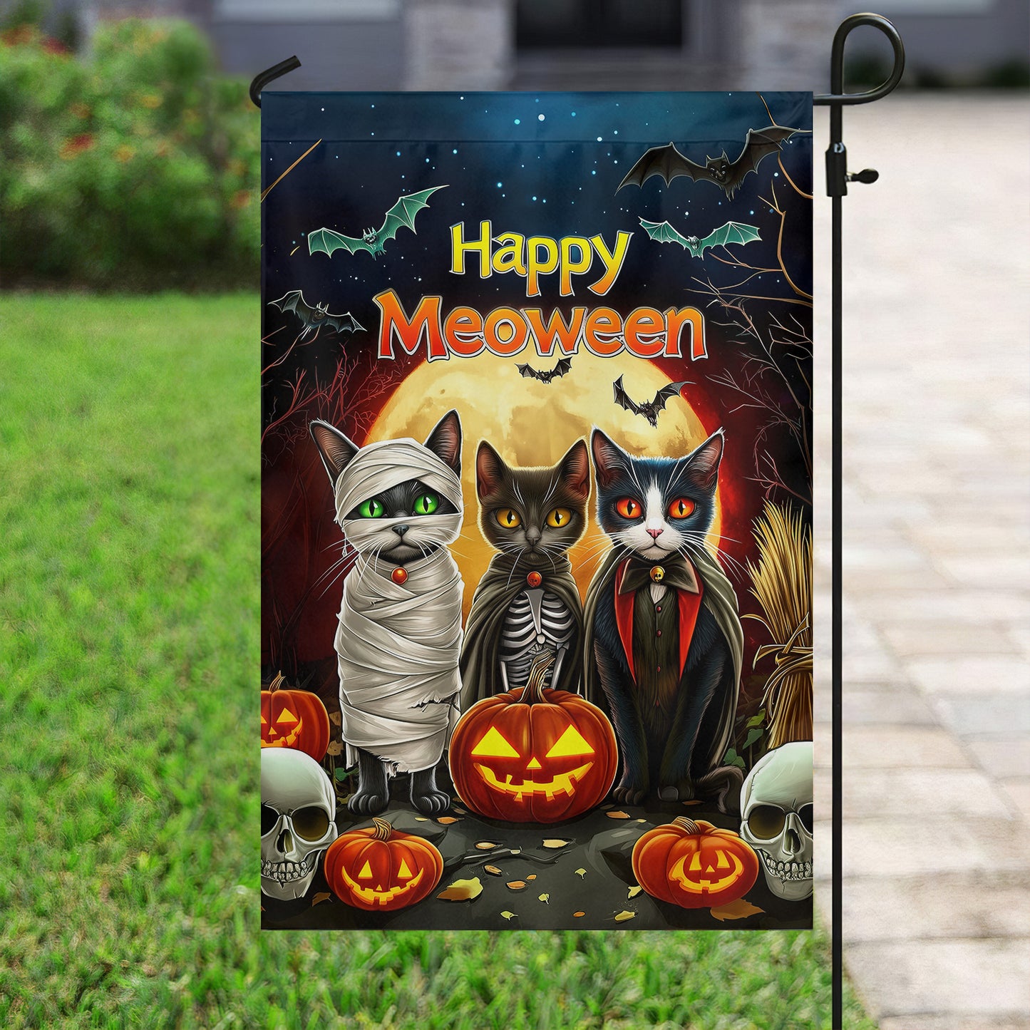 Funny Happy Meoween Garden Flag, House Flag, Halloween Yard Flag Gift For Cat Lovers