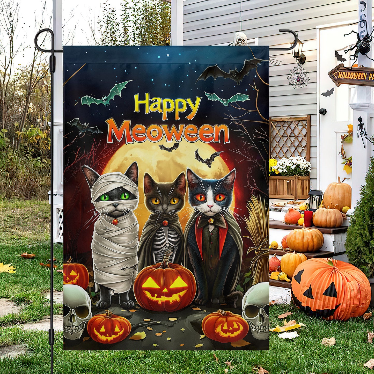 Funny Happy Meoween Garden Flag, House Flag, Halloween Yard Flag Gift For Cat Lovers