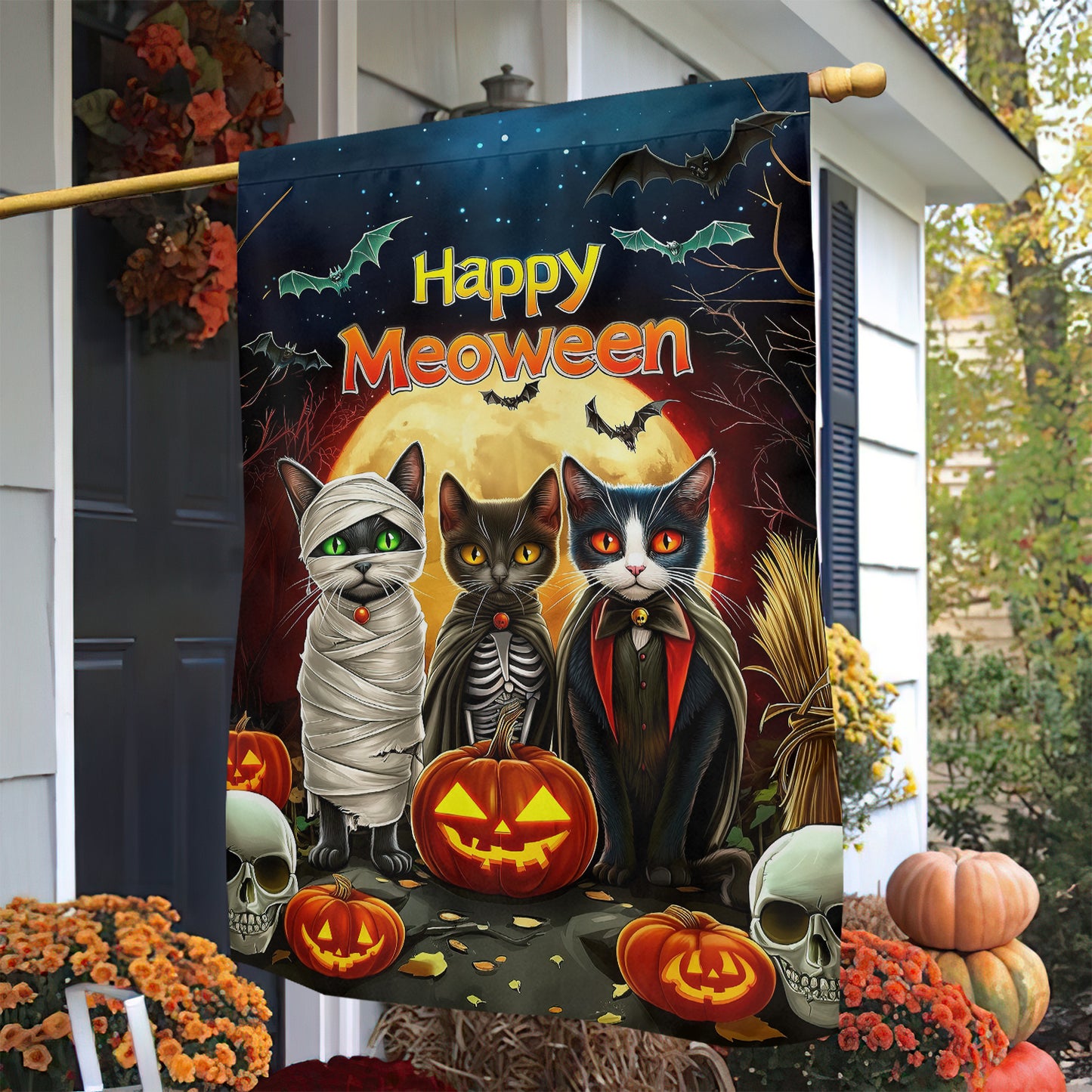 Funny Happy Meoween Garden Flag, House Flag, Halloween Yard Flag Gift For Cat Lovers