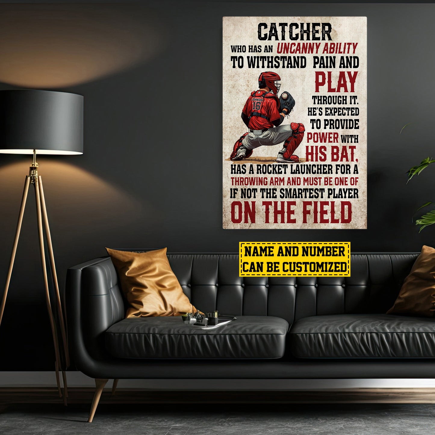 Personalized Baseball Boy Canvas Painting, Catcher Pain And Play, Sports Quotes Wall Art Decor, Poster Gift For Baseball Lovers