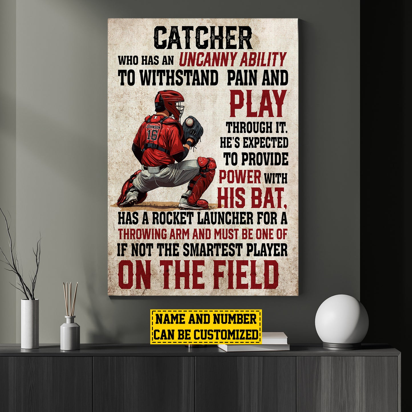 Personalized Baseball Boy Canvas Painting, Catcher Pain And Play, Sports Quotes Wall Art Decor, Poster Gift For Baseball Lovers