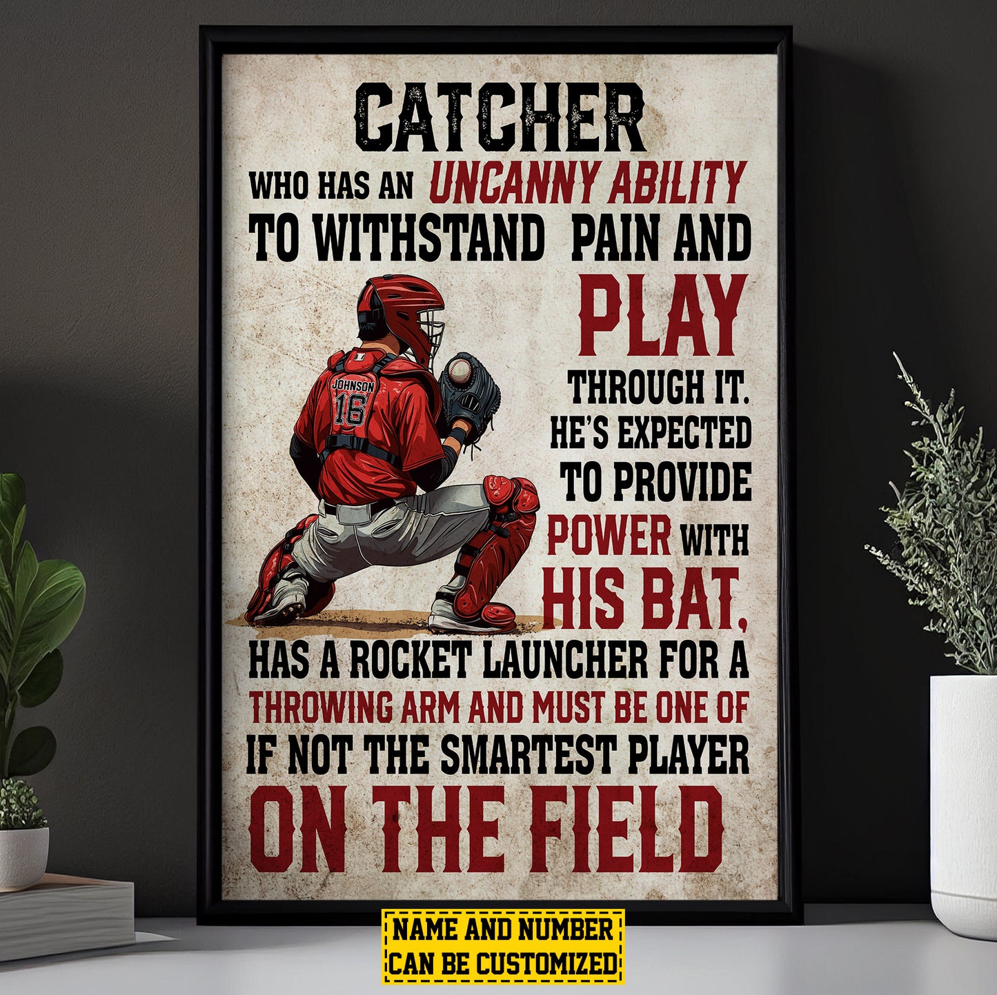 Personalized Baseball Boy Canvas Painting, Catcher Pain And Play, Sports Quotes Wall Art Decor, Poster Gift For Baseball Lovers