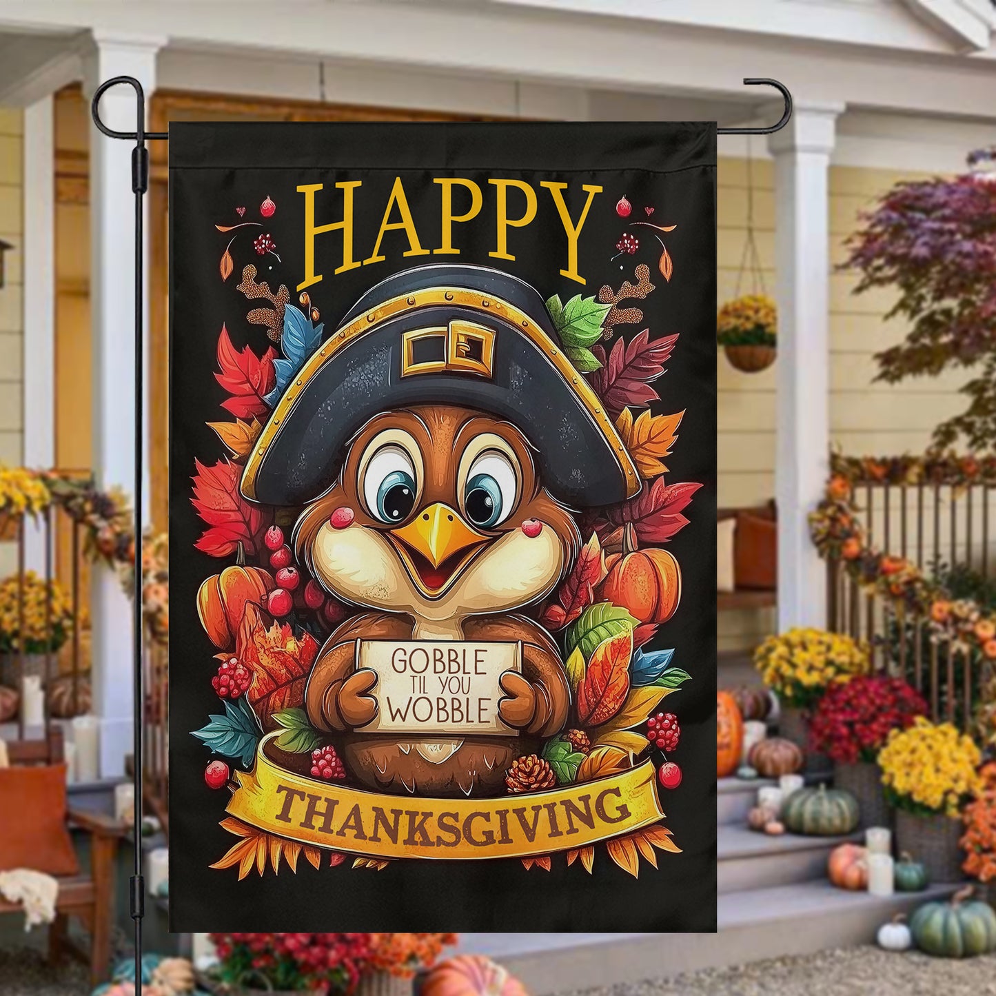 Thanksgiving Garden Flag & House Flag, Gobble Til You Wobble Turkey Day Outdoor Decor, Thankful Yard Decor Gift