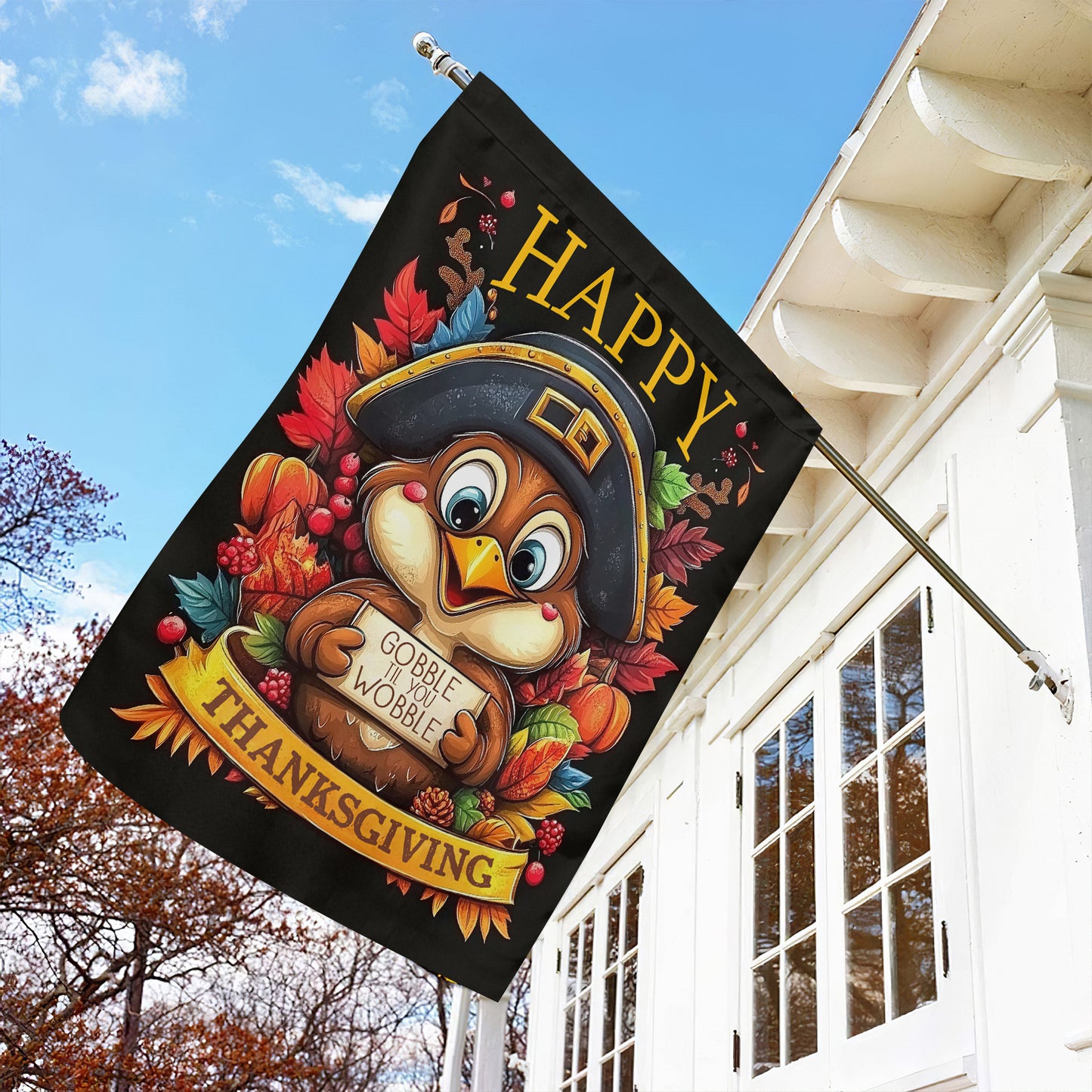 Thanksgiving Garden Flag & House Flag, Gobble Til You Wobble Turkey Day Outdoor Decor, Thankful Yard Decor Gift