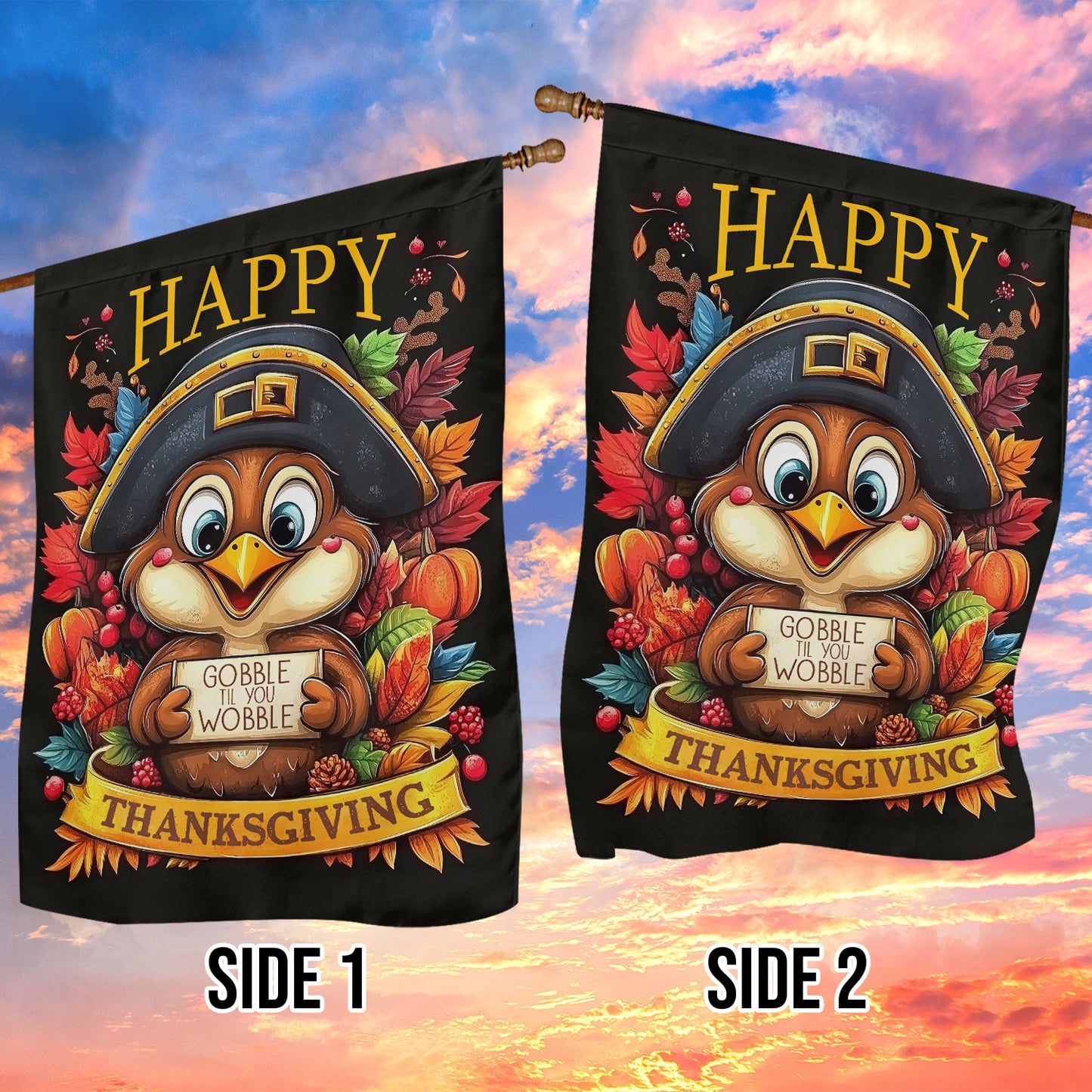 Thanksgiving Garden Flag & House Flag, Gobble Til You Wobble Turkey Day Outdoor Decor, Thankful Yard Decor Gift