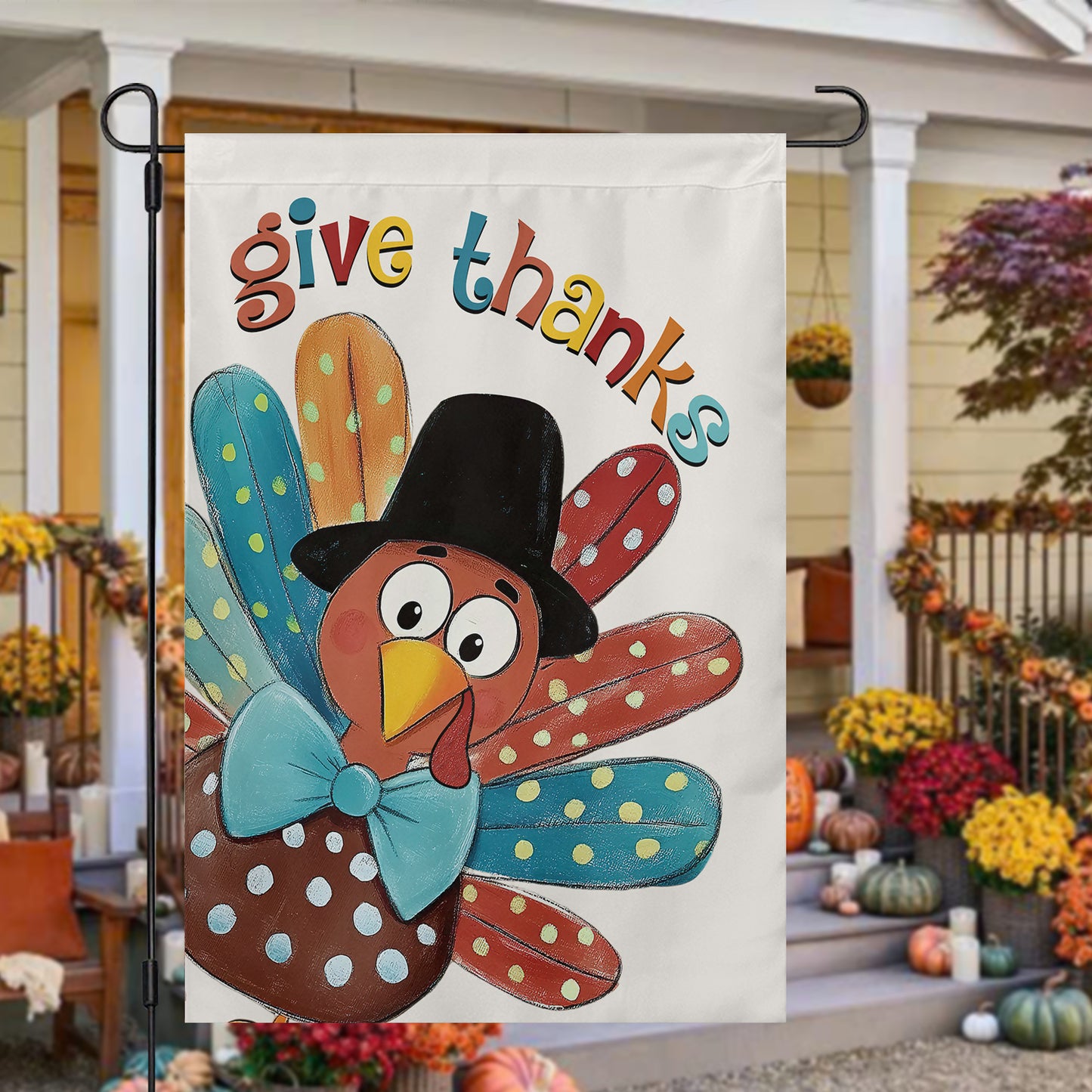 Thanksgiving Garden Flag & House Flag, Give Thanks Turkey Day Outdoor Decor, Thankful Yard Decor Gift