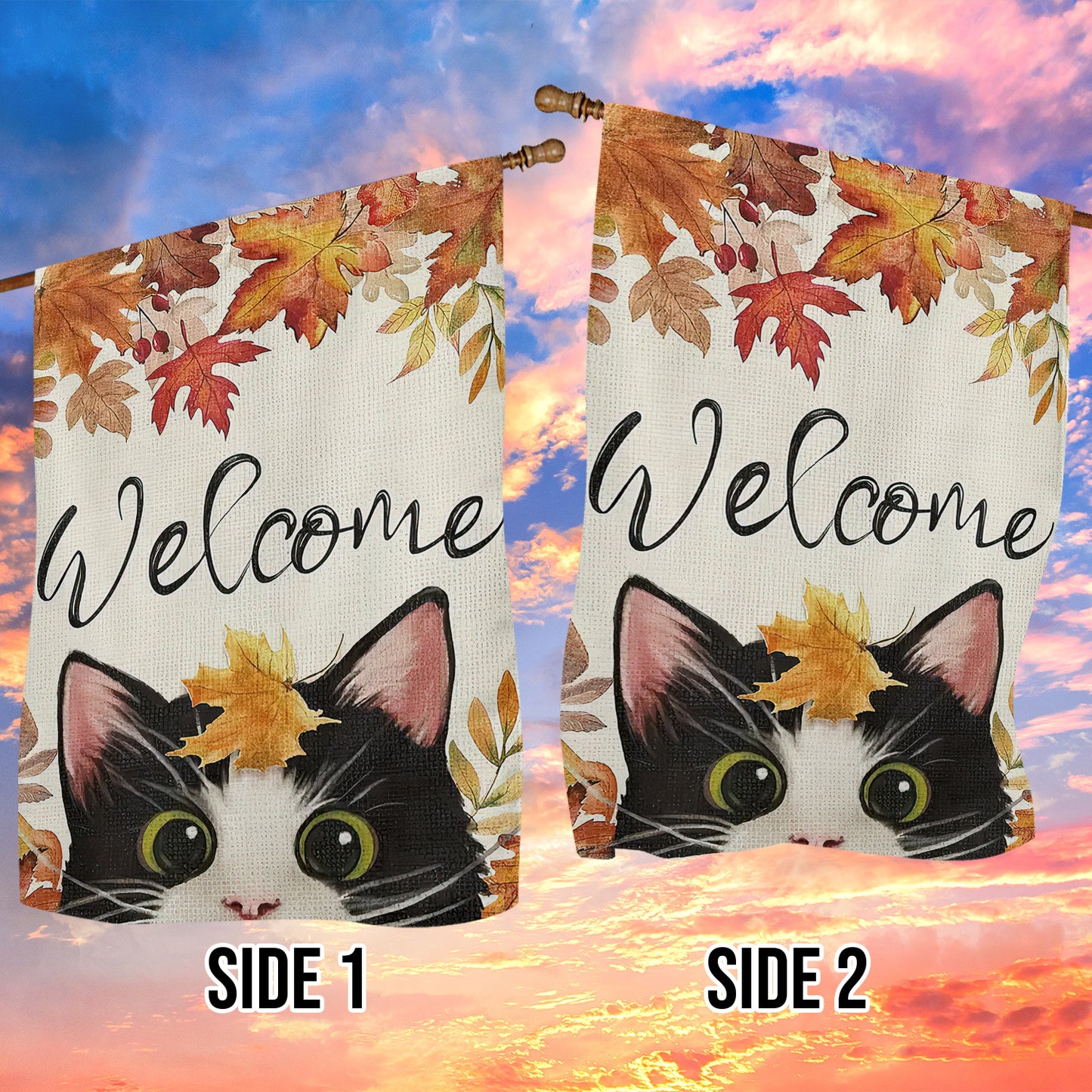 Cute Thanksgiving Cat Garden Flag & House Flag, Welcome Kitty Outdoor Decor, Yard Decor Gift For Cat Lovers