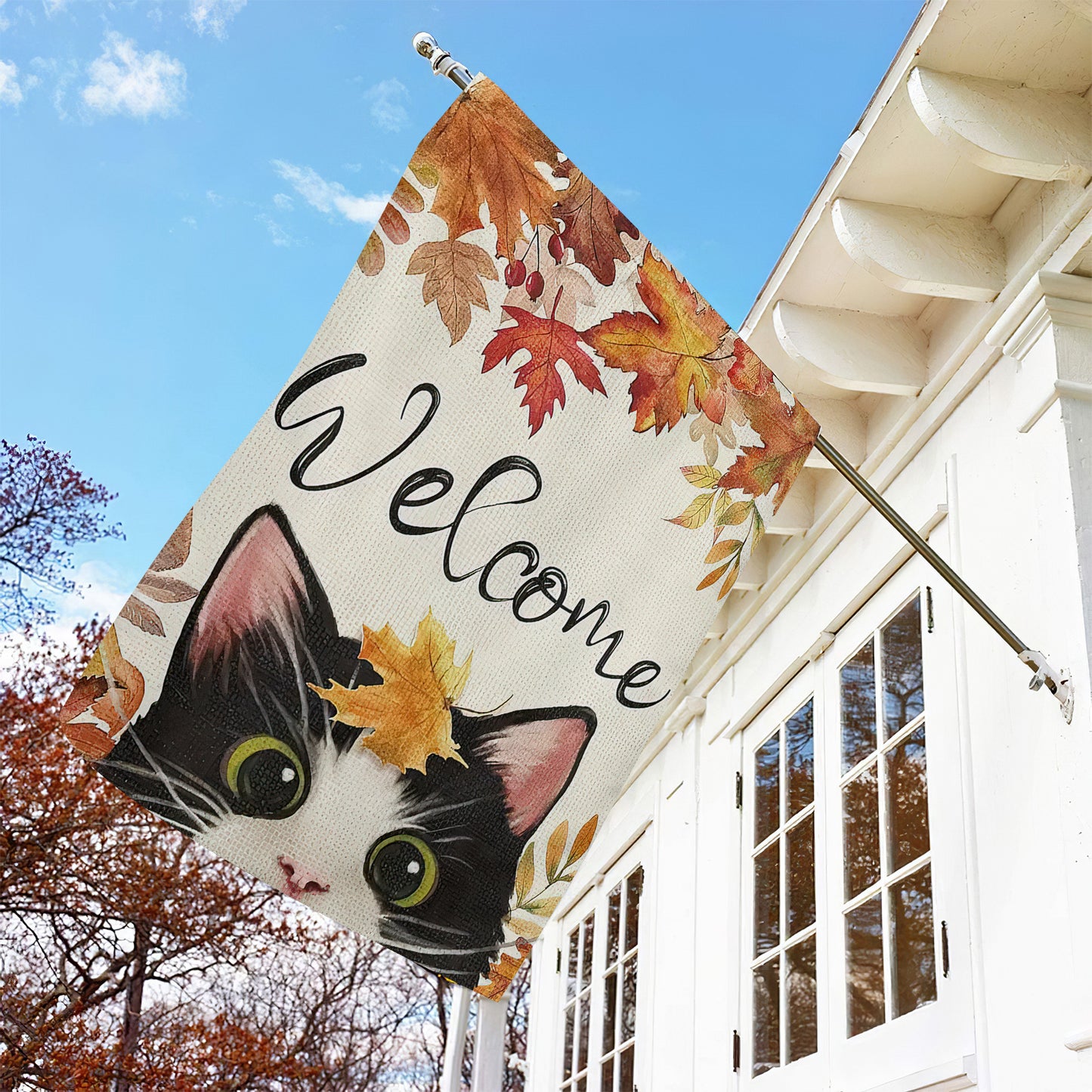 Cute Thanksgiving Cat Garden Flag & House Flag, Welcome Kitty Outdoor Decor, Yard Decor Gift For Cat Lovers