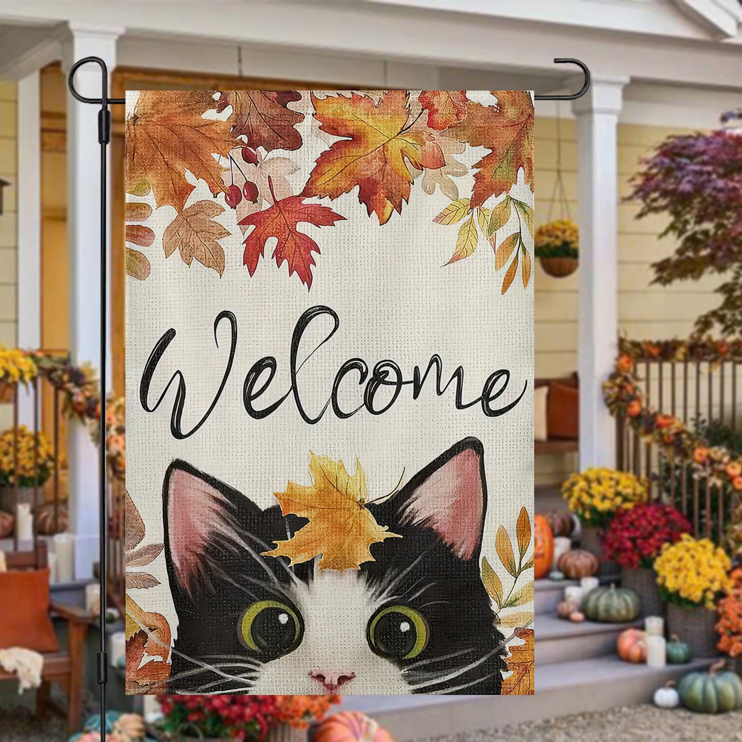 Cute Thanksgiving Cat Garden Flag & House Flag, Welcome Kitty Outdoor Decor, Yard Decor Gift For Cat Lovers