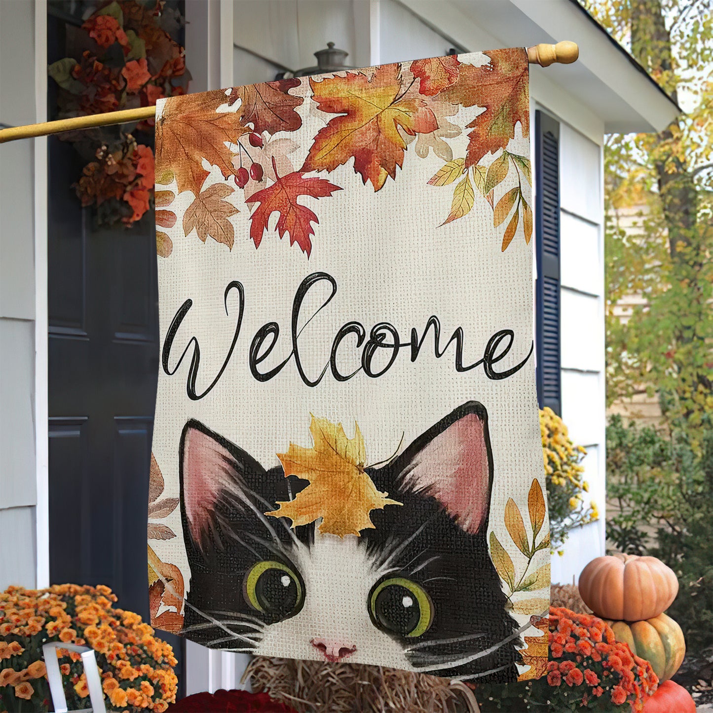 Cute Thanksgiving Cat Garden Flag & House Flag, Welcome Kitty Outdoor Decor, Yard Decor Gift For Cat Lovers