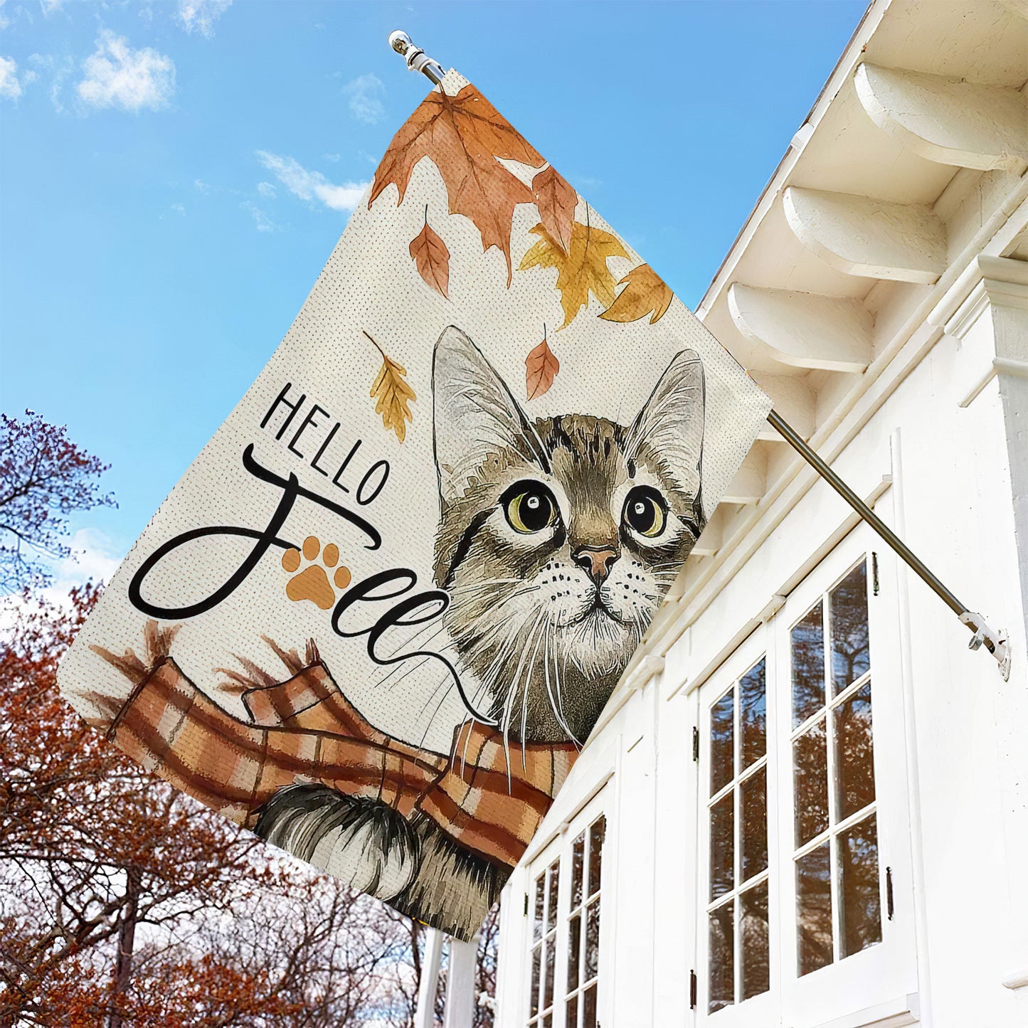 Cute Thanksgiving Cat Garden Flag & House Flag, Hello Fall Kitty Outdoor Decor, Yard Decor Gift For Cat Lovers