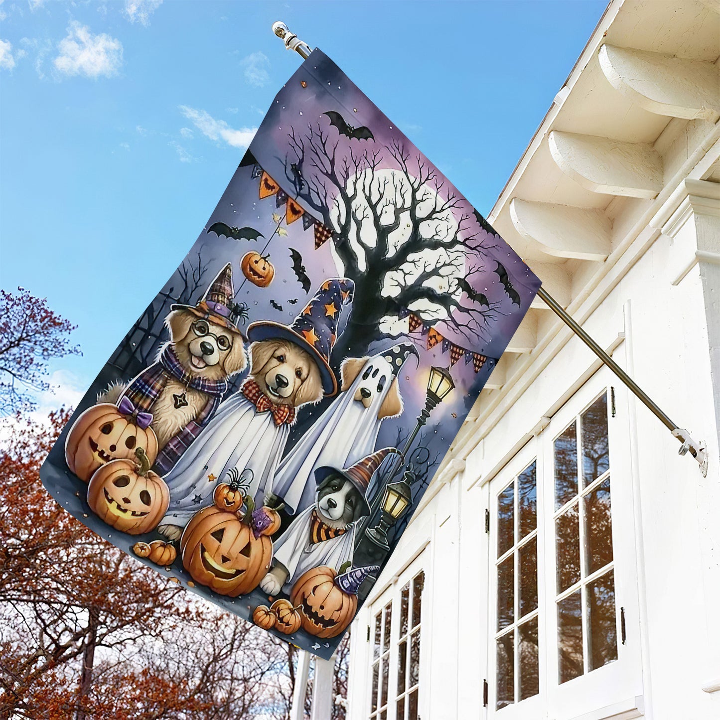 Halloween Dog Garden Flag & House Flag, Dogs Dressed As Ghosts Spooky Season Outdoor Decor, Yard Decor Gift For Dog Lovers