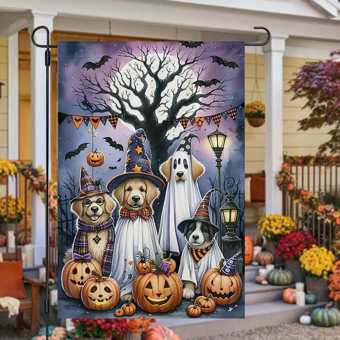 Halloween Dog Garden Flag & House Flag, Dogs Dressed As Ghosts Spooky Season Outdoor Decor, Yard Decor Gift For Dog Lovers