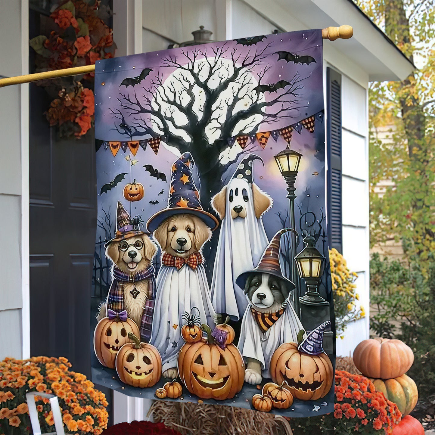 Halloween Dog Garden Flag & House Flag, Dogs Dressed As Ghosts Spooky Season Outdoor Decor, Yard Decor Gift For Dog Lovers