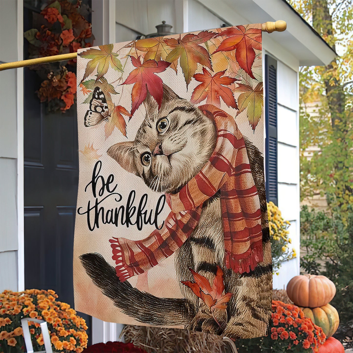 Thanksgiving Cat Garden Flag & House Flag, Kitty Be Thankful Season Outdoor Decor, Yard Decor Gift For Cat Lovers