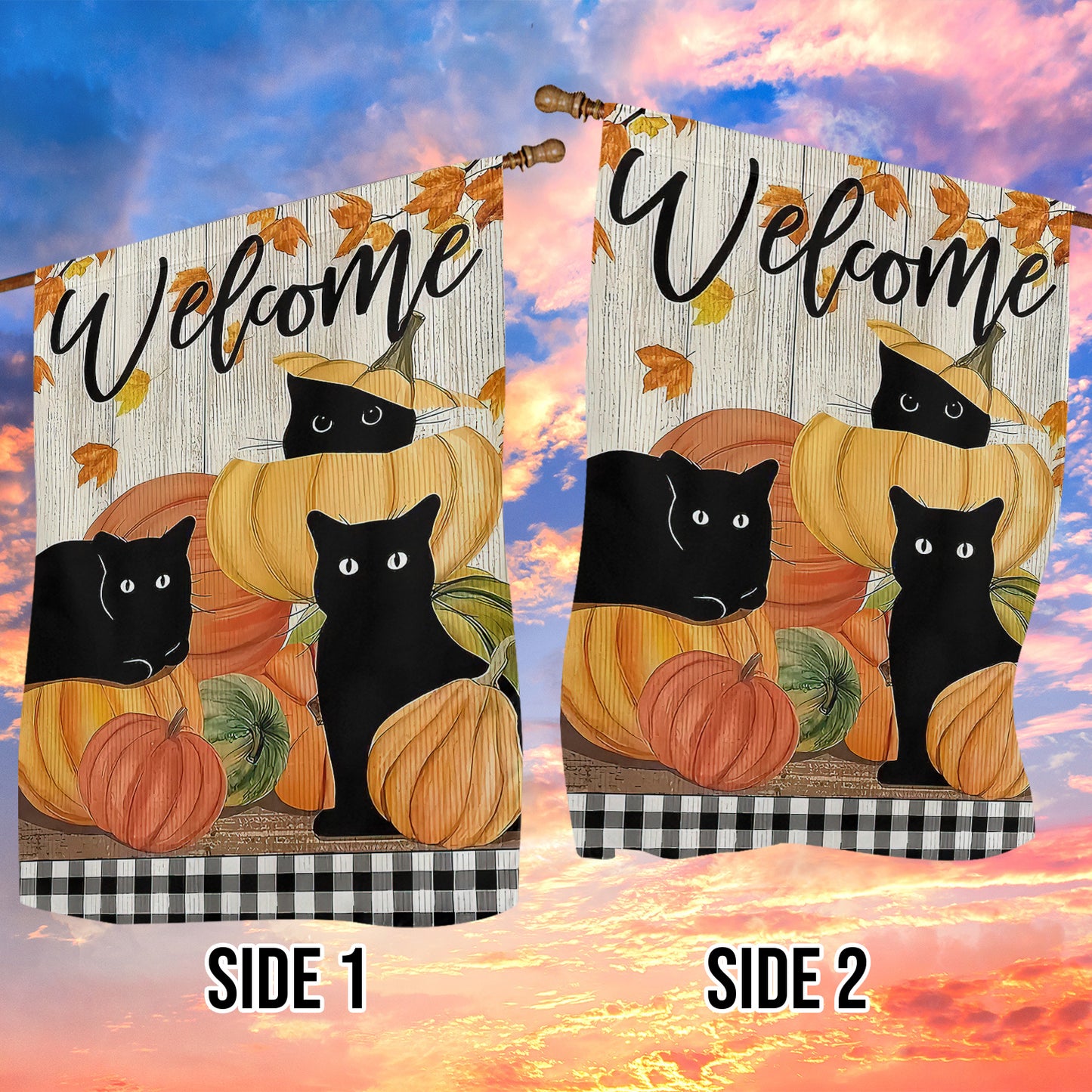 Thanksgiving Cat Garden Flag & House Flag, Black Cat Welcome Thankful Season Outdoor Decor, Yard Decor Gift For Cat Lovers