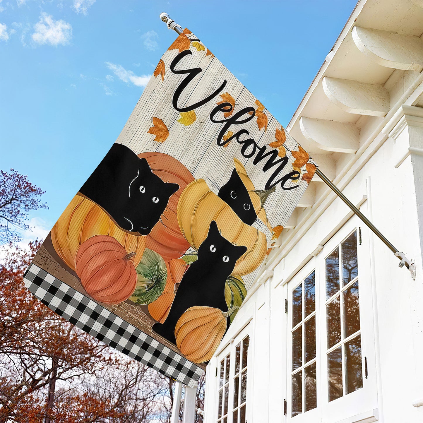 Thanksgiving Cat Garden Flag & House Flag, Black Cat Welcome Thankful Season Outdoor Decor, Yard Decor Gift For Cat Lovers