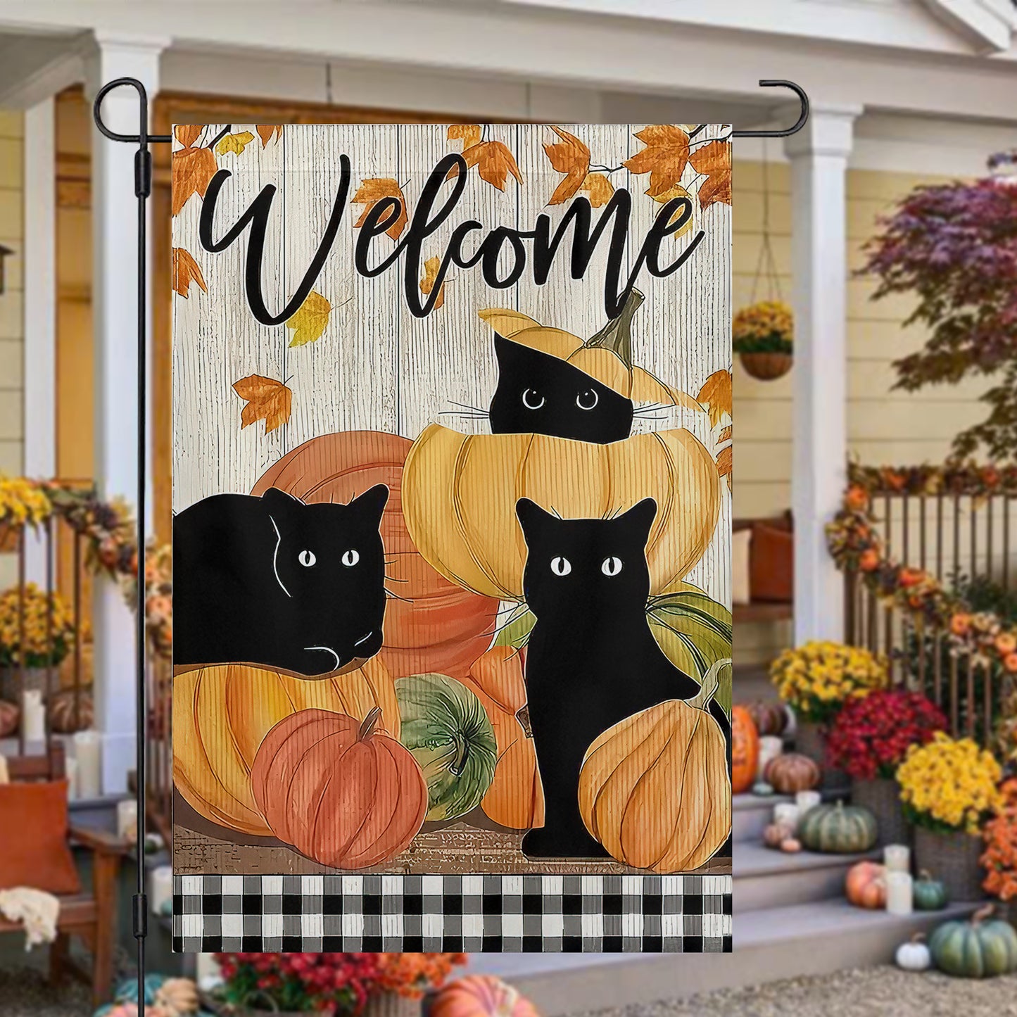 Thanksgiving Cat Garden Flag & House Flag, Black Cat Welcome Thankful Season Outdoor Decor, Yard Decor Gift For Cat Lovers