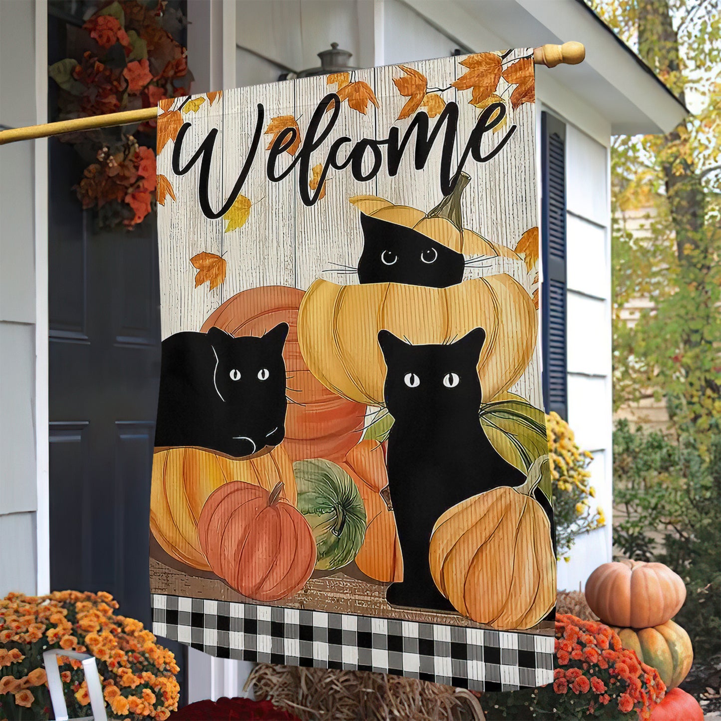 Thanksgiving Cat Garden Flag & House Flag, Black Cat Welcome Thankful Season Outdoor Decor, Yard Decor Gift For Cat Lovers