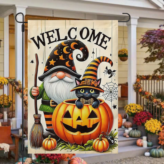 Halloween Cat Garden Flag & House Flag, Kitty And Dwarf Spooky Season Outdoor Decor, Yard Decor Gift For Cat Lovers