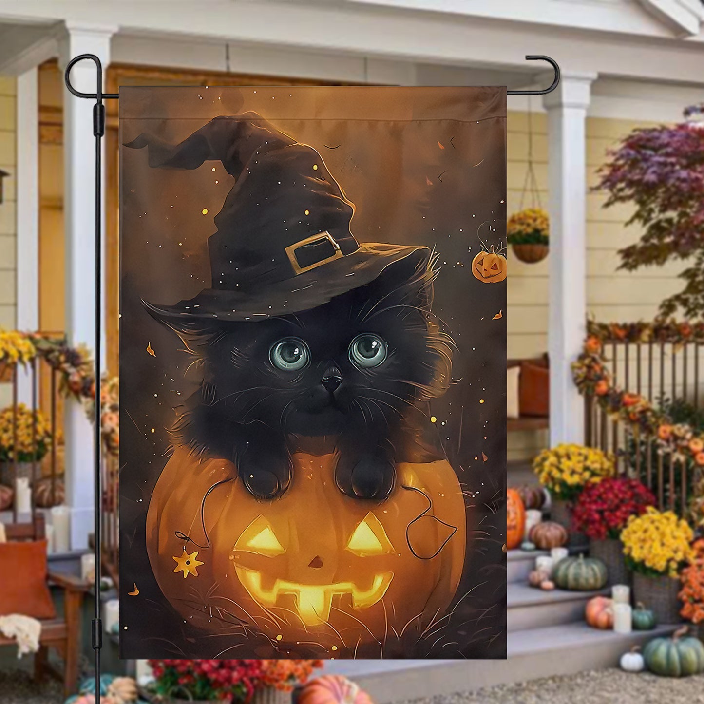 Halloween Cat Garden Flag & House Flag, Kitty Witch In Pumpkin Spooky Season Outdoor Decor, Yard Decor Gift For Cat Lovers