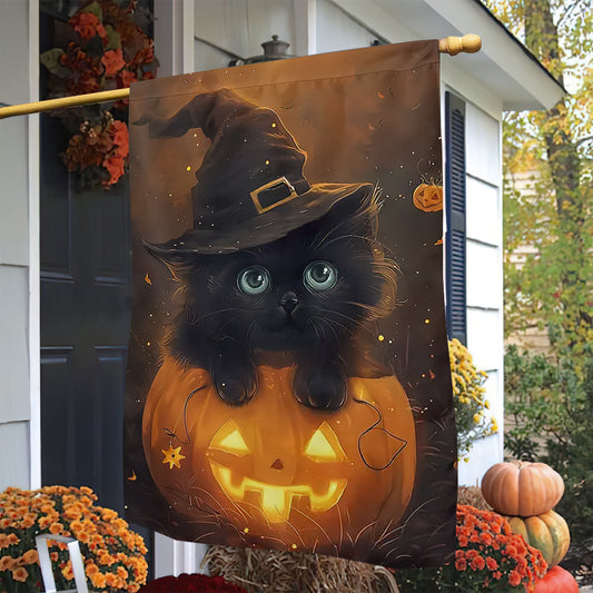 Halloween Cat Garden Flag & House Flag, Kitty Witch In Pumpkin Spooky Season Outdoor Decor, Yard Decor Gift For Cat Lovers