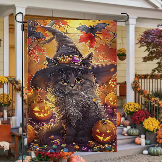 Halloween Cat Garden Flag & House Flag, Kitty Witch Spooky Season Outdoor Decor, Yard Decor Gift For Cat Lovers