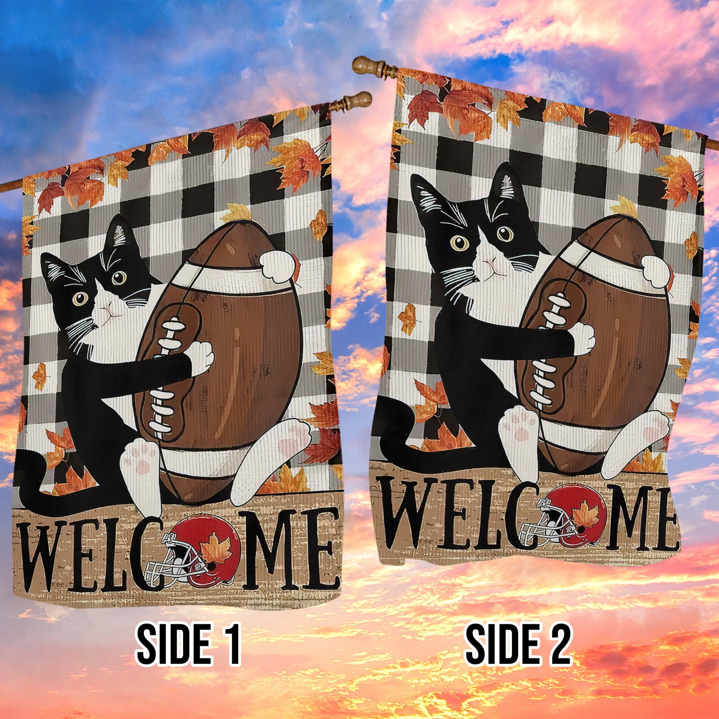 Thanksgiving Cat Garden Flag & House Flag, Kitty With Rugby Ball Thankful Season Outdoor Decor, Yard Decor Gift For Cat Lovers