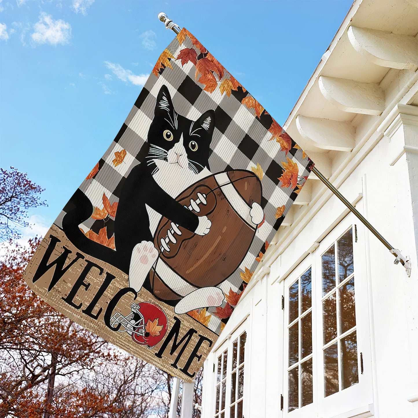 Thanksgiving Cat Garden Flag & House Flag, Kitty With Rugby Ball Thankful Season Outdoor Decor, Yard Decor Gift For Cat Lovers