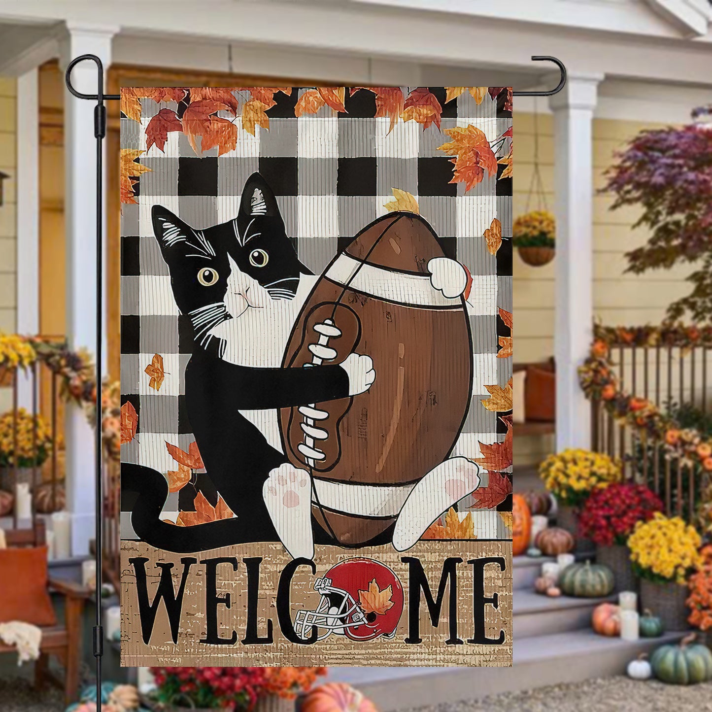 Thanksgiving Cat Garden Flag & House Flag, Kitty With Rugby Ball Thankful Season Outdoor Decor, Yard Decor Gift For Cat Lovers