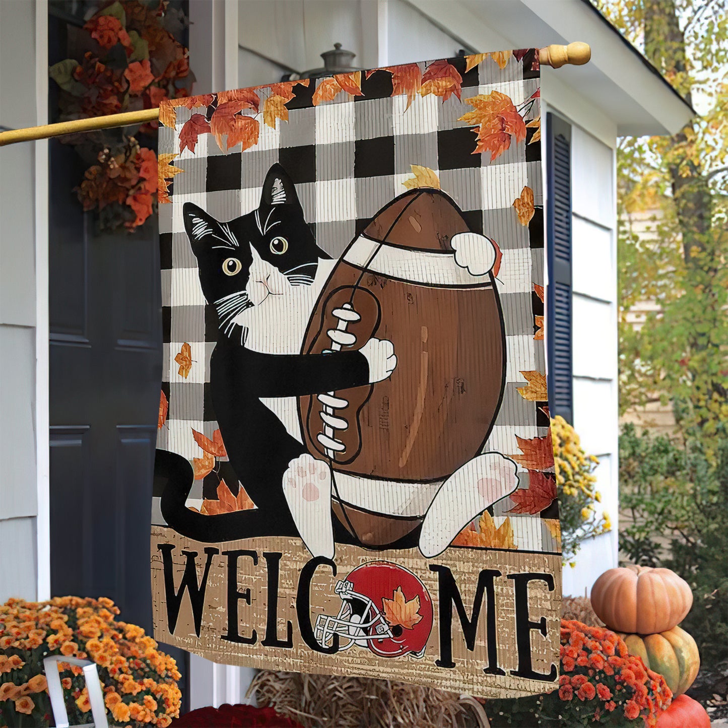 Thanksgiving Cat Garden Flag & House Flag, Kitty With Rugby Ball Thankful Season Outdoor Decor, Yard Decor Gift For Cat Lovers