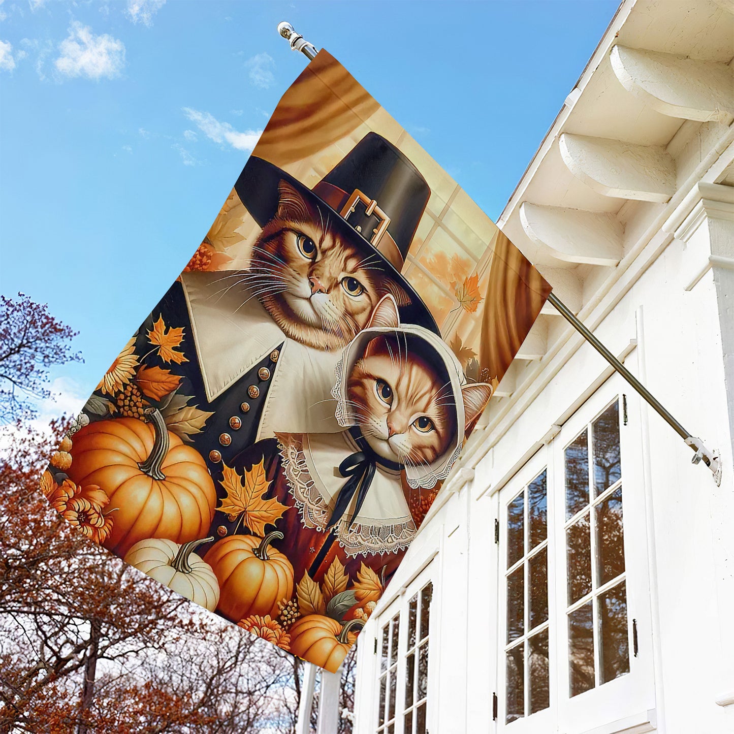 Thanksgiving Cat Garden Flag & House Flag, Kitty Couple Thankful Season Outdoor Decor, Yard Decor Gift For Cat Lovers